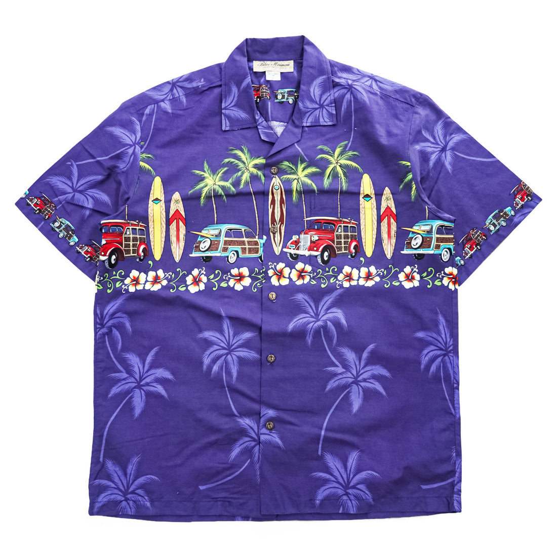 Blue Hawaii ハワイ製 アロハシャツ 半袖 オープンカラーシャツ L ネイビー 総柄 クラシックカー サーフボード 開襟