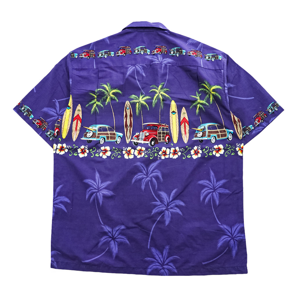 Blue Hawaii ハワイ製 アロハシャツ 半袖 オープンカラーシャツ L ネイビー 総柄 クラシックカー サーフボード 開襟