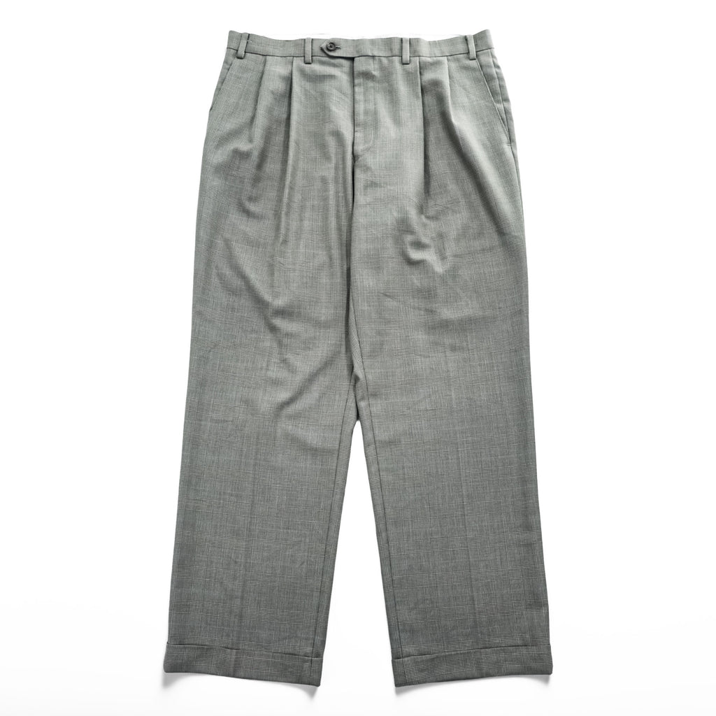 Ralph Lauren 90s Vintage Slacks Pants, Size L, Gray, Wide Leg, 2-Tuck Pleats, Double Cuffs, Checked
