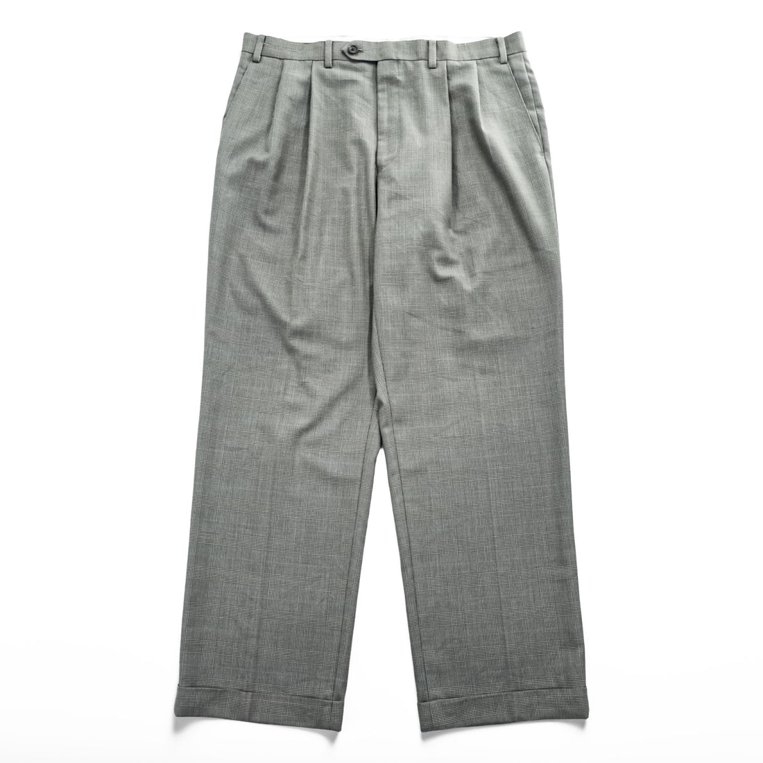 Ralph Lauren 90s Vintage Slacks Pants, Size L, Gray, Wide Leg, 2-Tuck Pleats, Double Cuffs, Checked