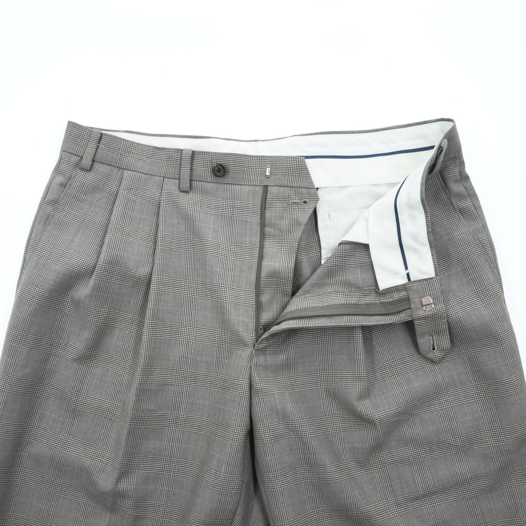 Ralph Lauren 90s Vintage Slacks Pants, Size L, Gray, Wide Leg, 2-Tuck Pleats, Double Cuffs, Checked