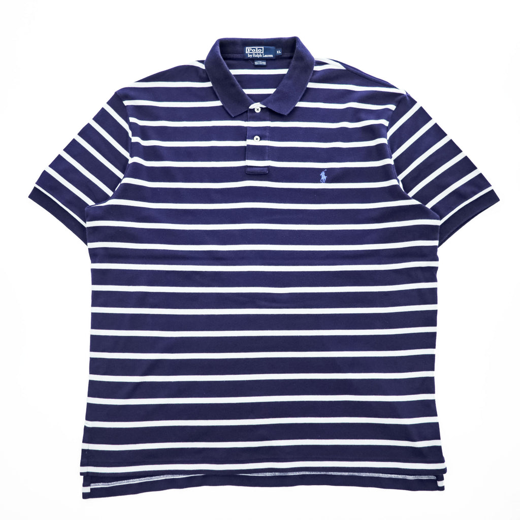 Polo Ralph Lauren 90s Vintage Rugby Shirt, Size XL, Navy & White Striped, Small Pony Logo Embroidery, Oversized