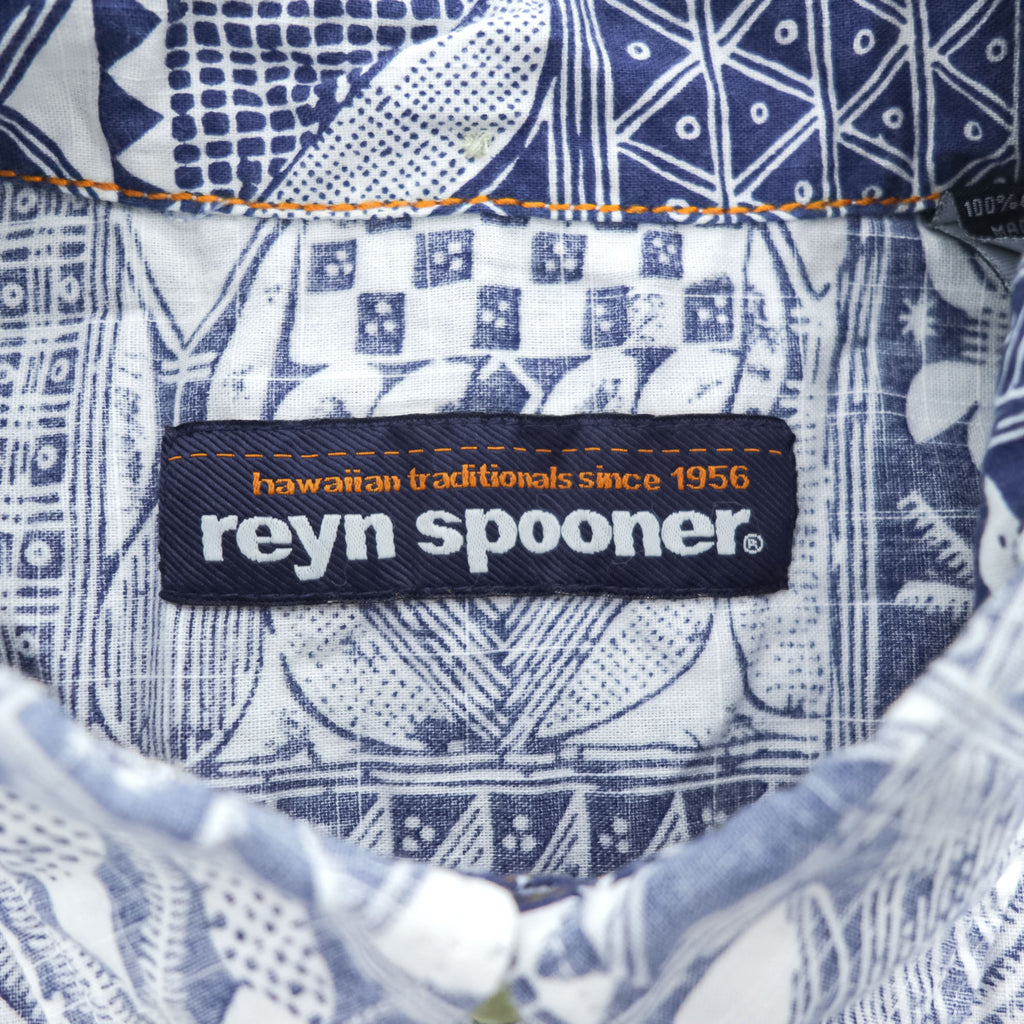 reyn spooner アロハシャツ 半袖ハワイアンシャツ M ブルー ホワイト 総柄 ボタンダウン