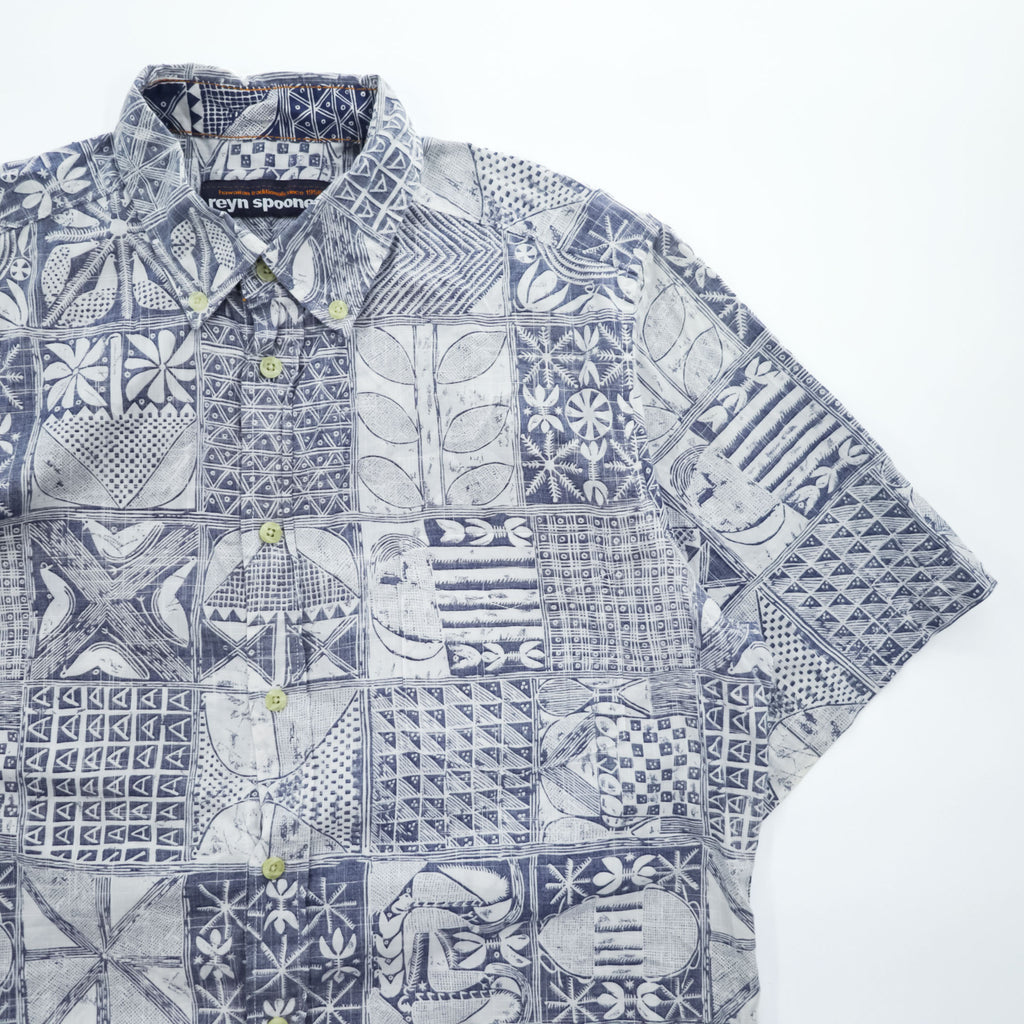reyn spooner アロハシャツ 半袖ハワイアンシャツ M ブルー ホワイト 総柄 ボタンダウン