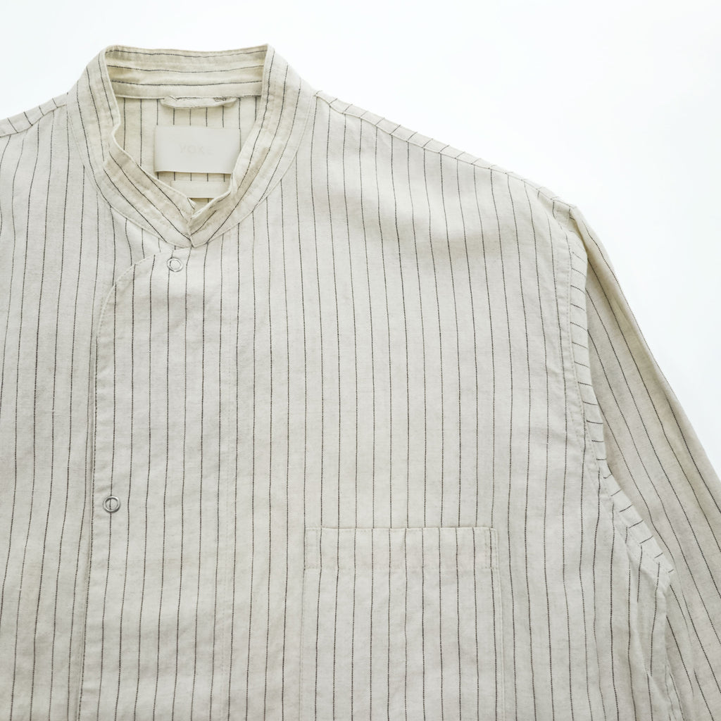 YOKE ピンストライプ シャツジャケット リネン 麻 ベージュ Pin Stripe Sleeping Shirt Jacket スナップボタン YK22SS0321B 日本製