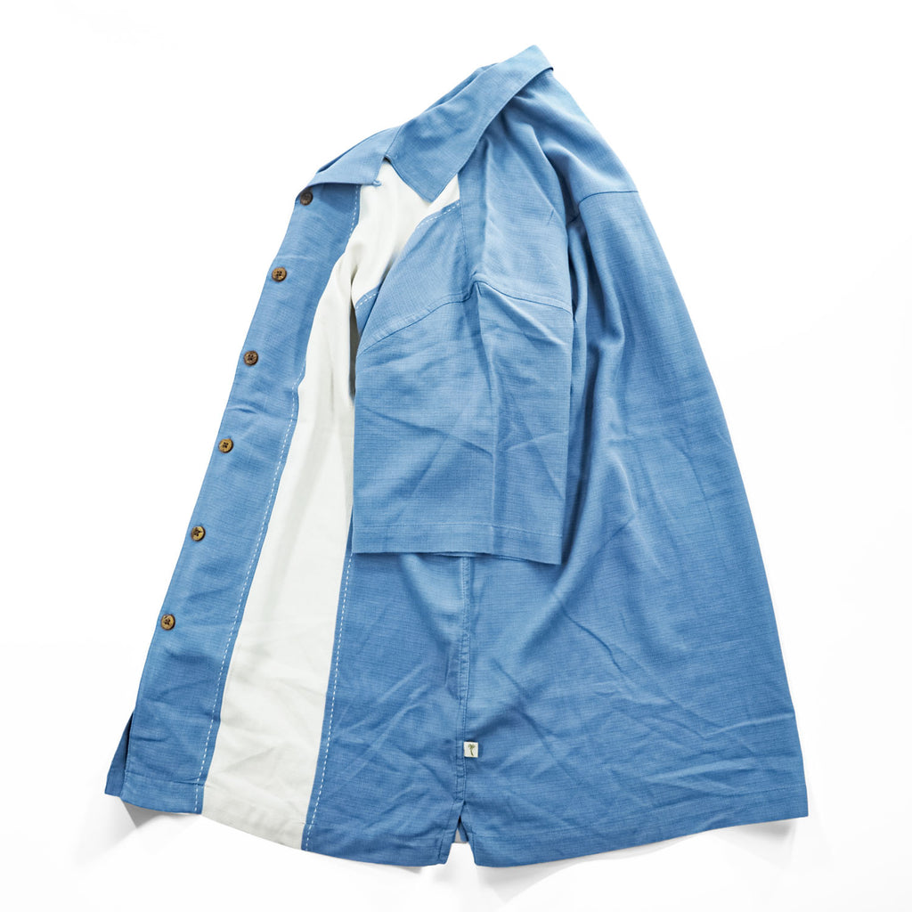 Island Shores 半袖 シルク オープンカラーシャツ L ブルー WASHABLE SILK 開襟 ボックスシルエット