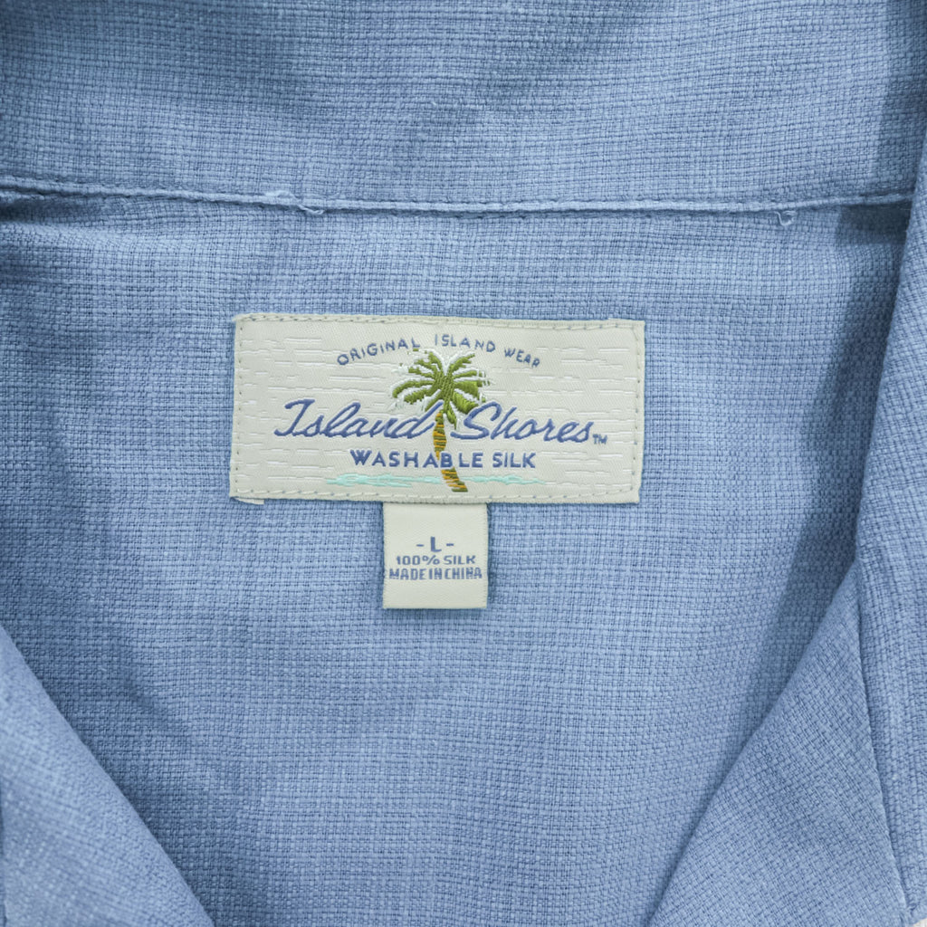 Island Shores 半袖 シルク オープンカラーシャツ L ブルー WASHABLE SILK 開襟 ボックスシルエット