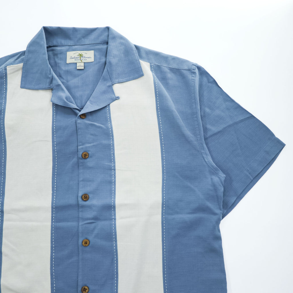 Island Shores 半袖 シルク オープンカラーシャツ L ブルー WASHABLE SILK 開襟 ボックスシルエット