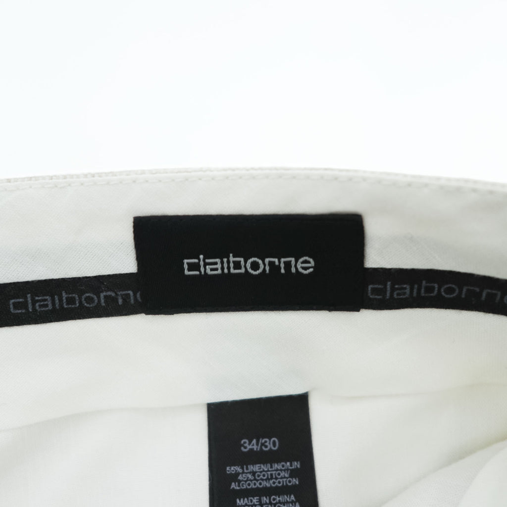 Claiborne 2タック ワイド リネン スラックス パンツ L オフホワイト プリーツ ダブルカフス