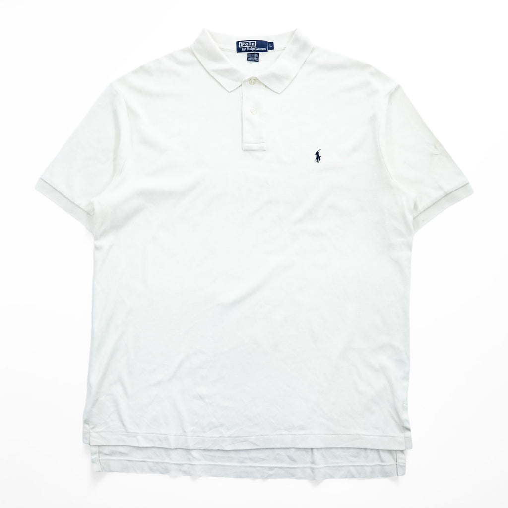 Polo by Ralph Lauren White Cotton Pique Polo Shirt L - Navy Embroidered Pony, Side Vents