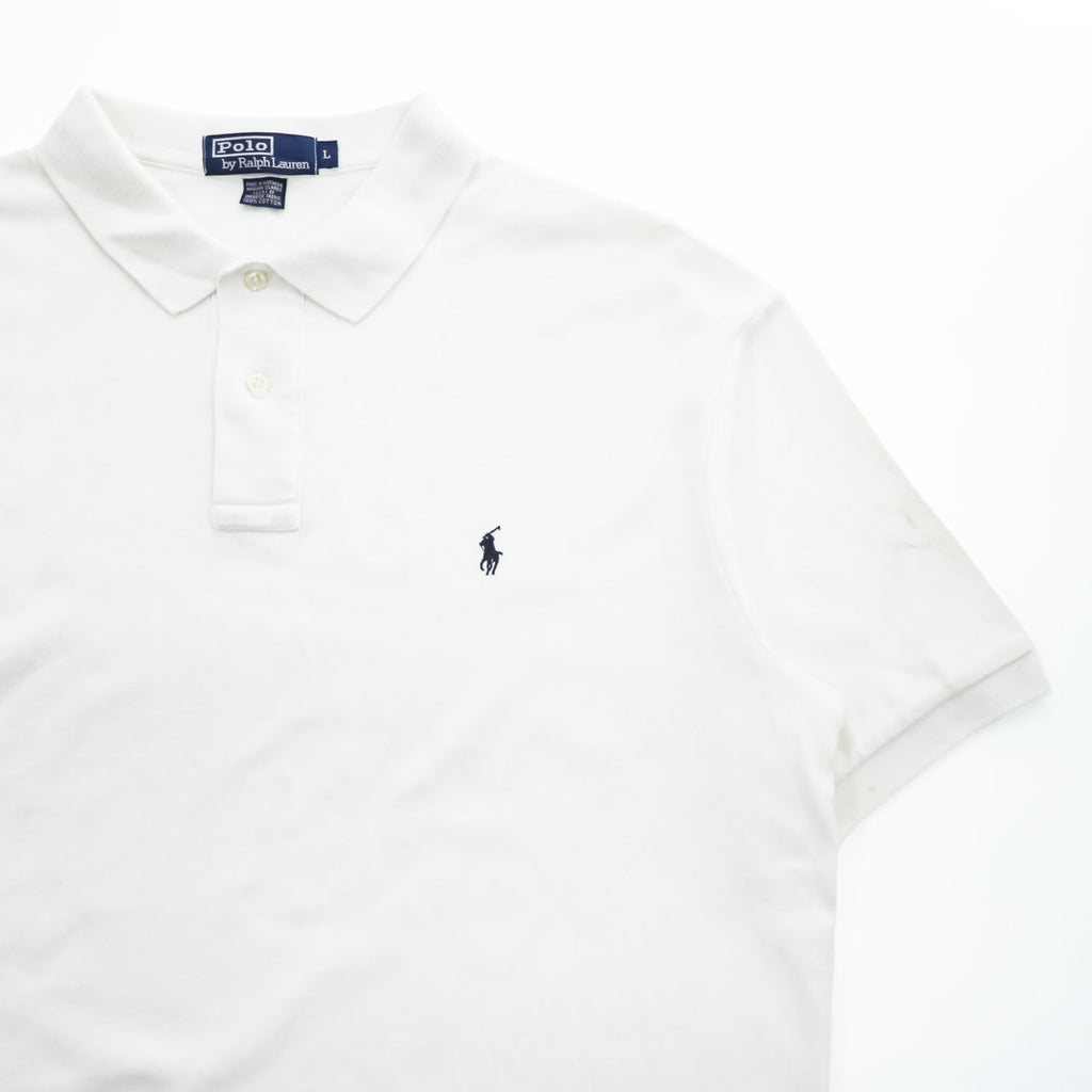 Polo by Ralph Lauren White Cotton Pique Polo Shirt L - Navy Embroidered Pony, Side Vents