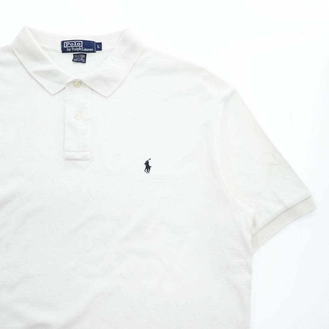 Polo by Ralph Lauren White Cotton Pique Polo Shirt L - Navy Embroidered Pony, Side Vents