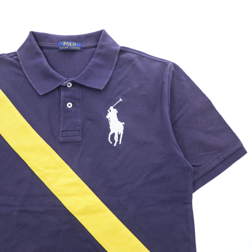 Polo Ralph Lauren ビッグポニー 刺繍 ポロシャツ S イエロー ネイビー 鹿の子 ラインデザイン