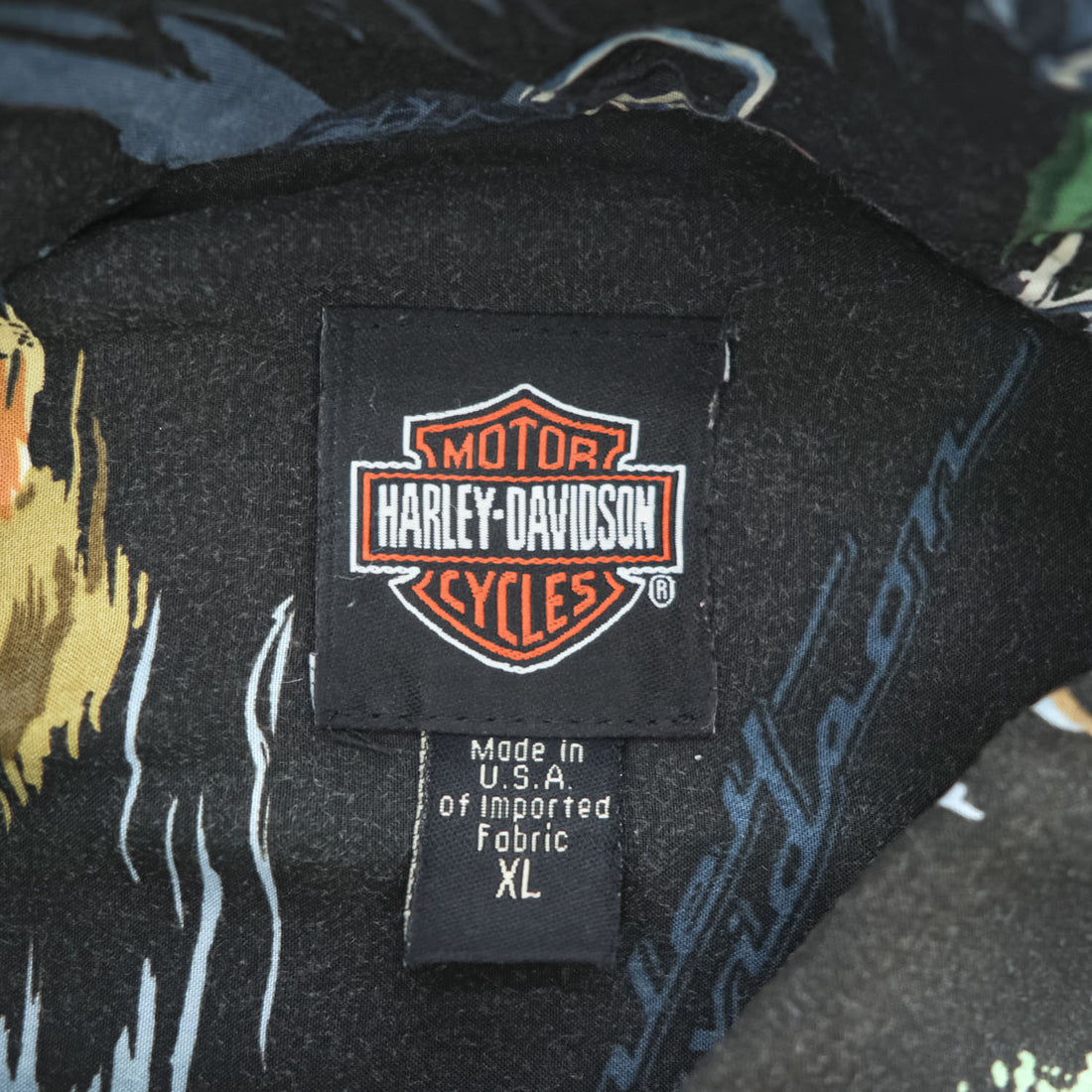 HARLEY DAVIDSON 90年代 USA製 ヴィンテージ 半袖 アロハシャツ XL ブラック 総柄 バイク モーターサイクル レーヨン メタルボタン