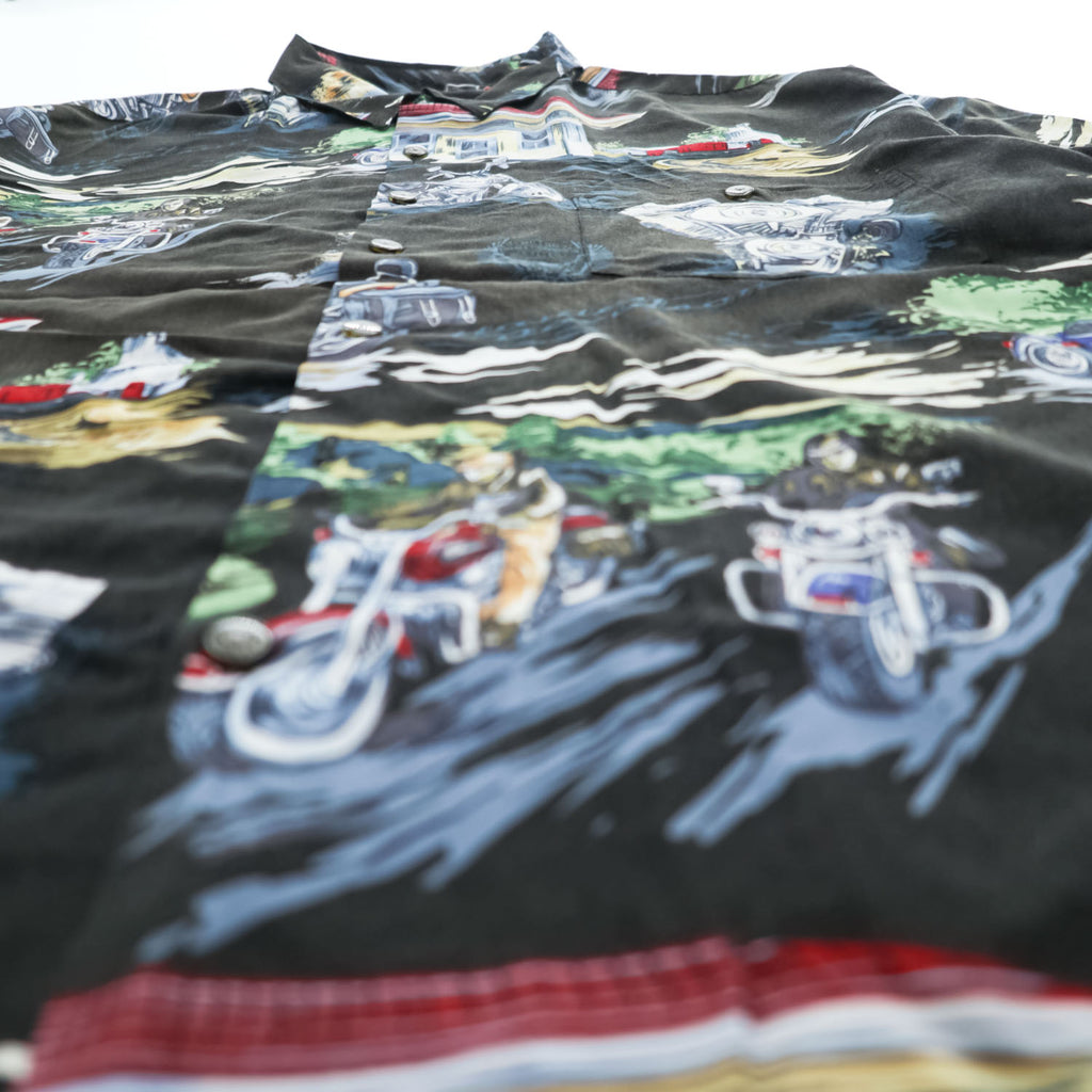 HARLEY DAVIDSON 90年代 USA製 ヴィンテージ 半袖 アロハシャツ XL ブラック 総柄 バイク モーターサイクル レーヨン メタルボタン