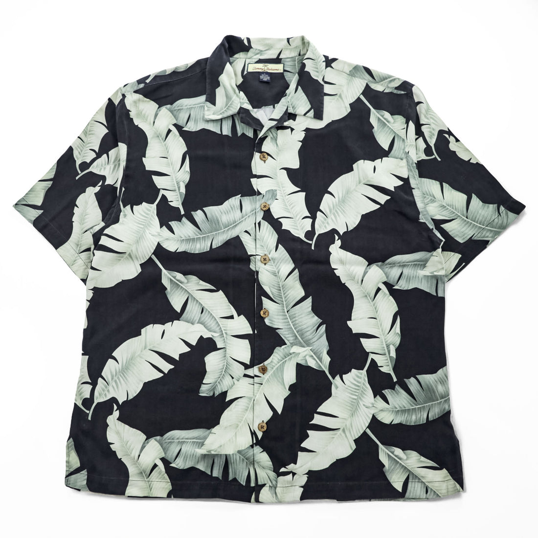 Tommy Bahama アロハシャツ 半袖 オープンカラー シルクシャツ L ブラック 総柄 リーフ 開襟 ボックスシルエット
