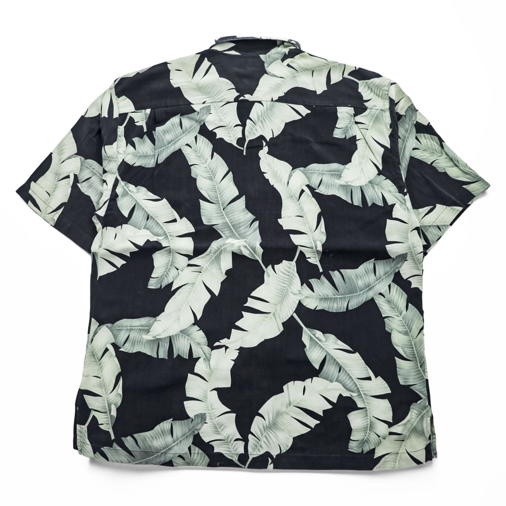 Tommy Bahama アロハシャツ 半袖 オープンカラー シルクシャツ L ブラック 総柄 リーフ 開襟 ボックスシルエット