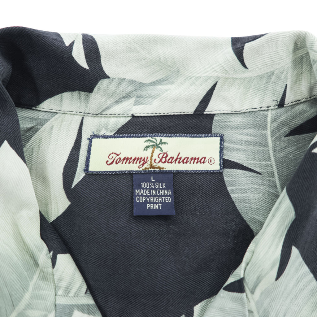 Tommy Bahama アロハシャツ 半袖 オープンカラー シルクシャツ L ブラック 総柄 リーフ 開襟 ボックスシルエット