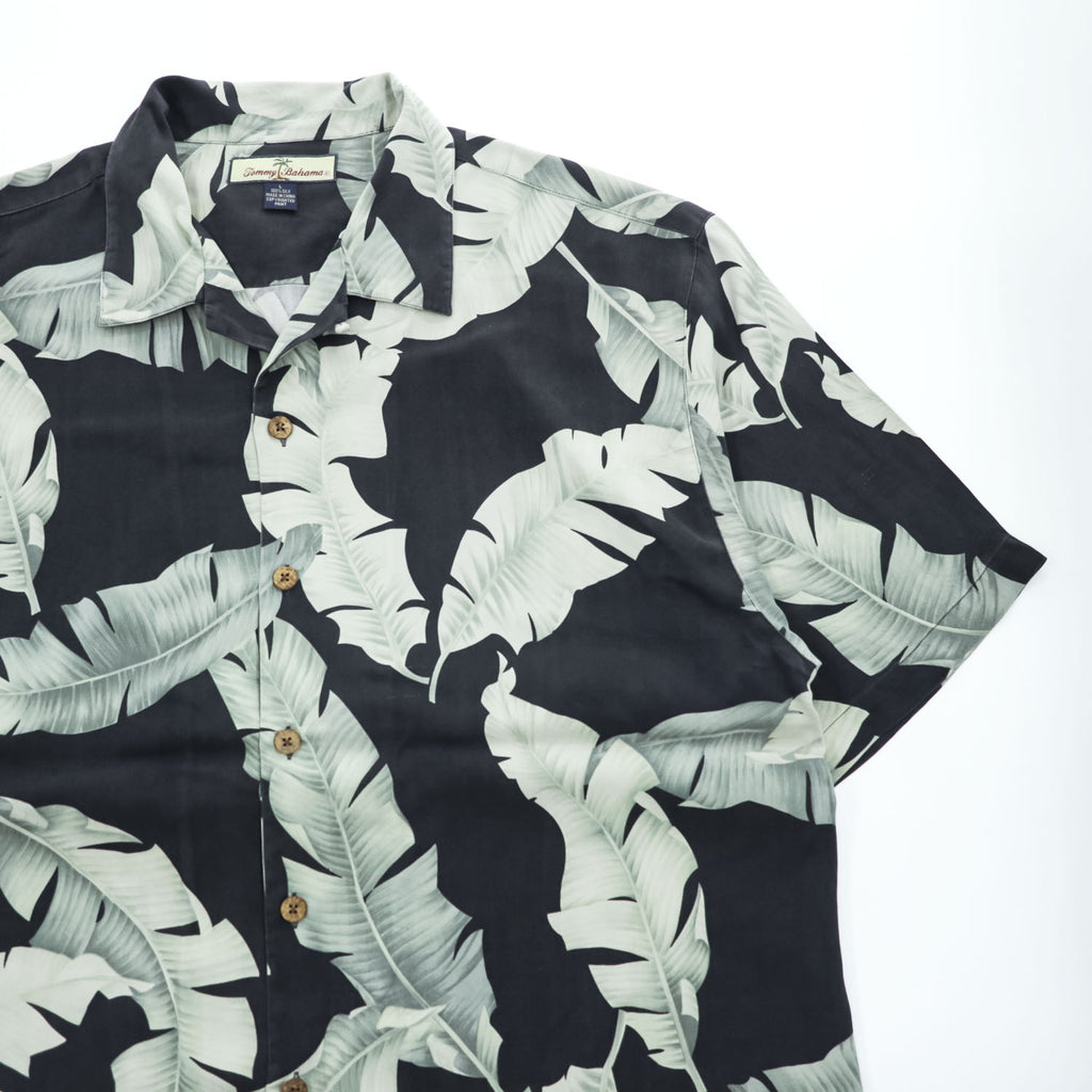 Tommy Bahama アロハシャツ 半袖 オープンカラー シルクシャツ L ブラック 総柄 リーフ 開襟 ボックスシルエット
