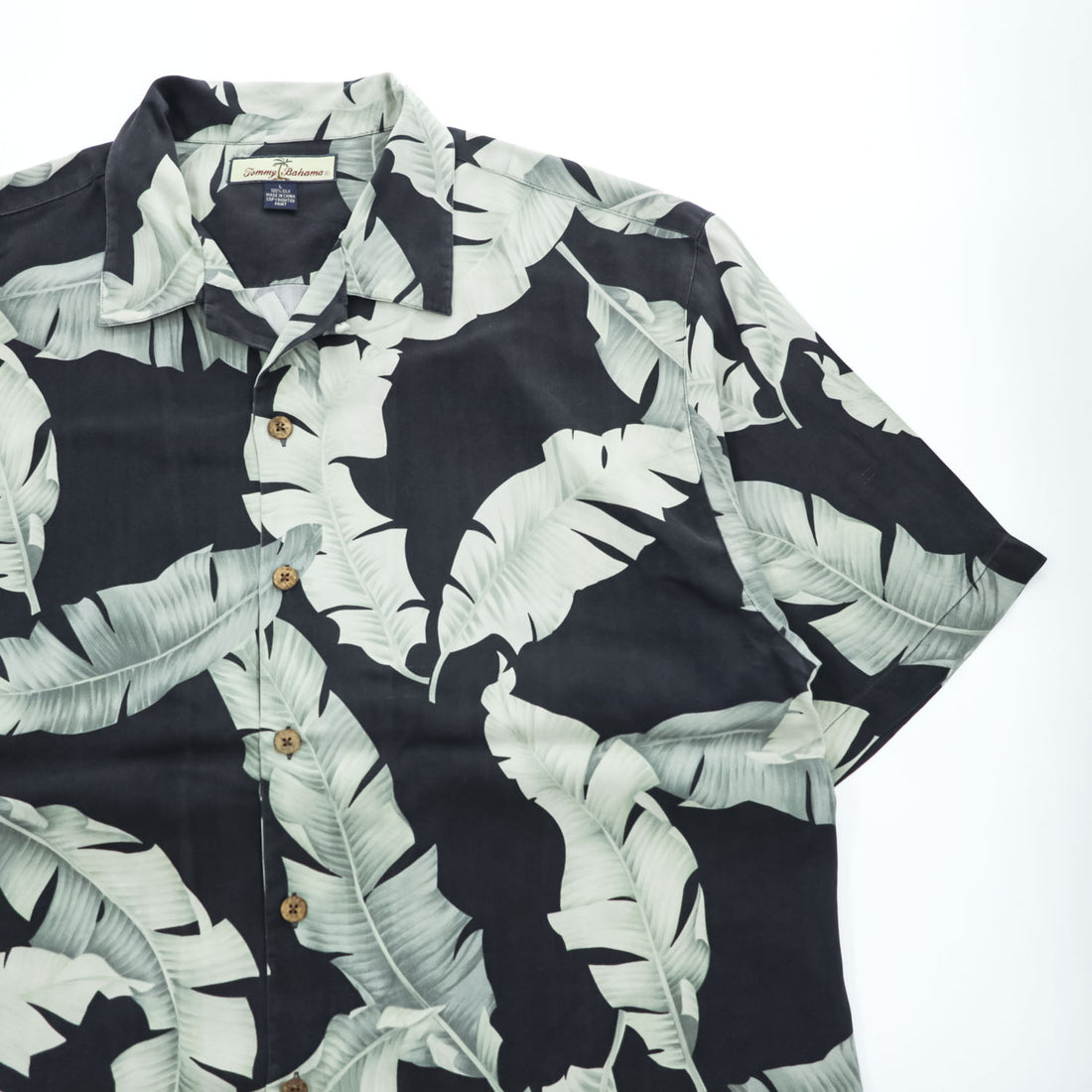 Tommy Bahama アロハシャツ 半袖 オープンカラー シルクシャツ L ブラック 総柄 リーフ 開襟 ボックスシルエット