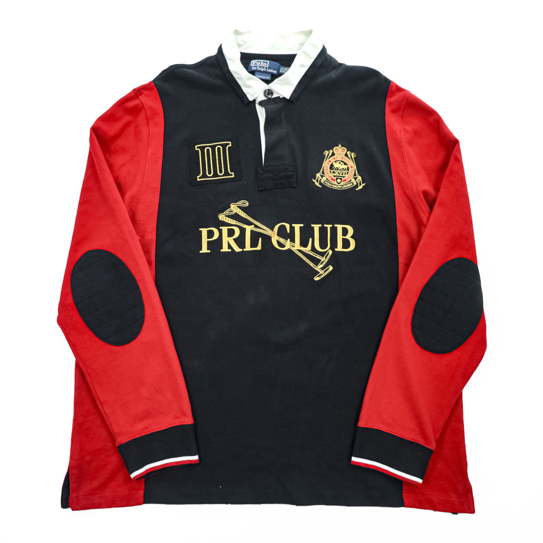 Polo Ralph Lauren 90年代 ヴィンテージ ラガーシャツ 長袖 ポロシャツ 2XL CUSTOM FIT ブラック レッド エルボーパッチ PRL CLUB ビッグサイズ