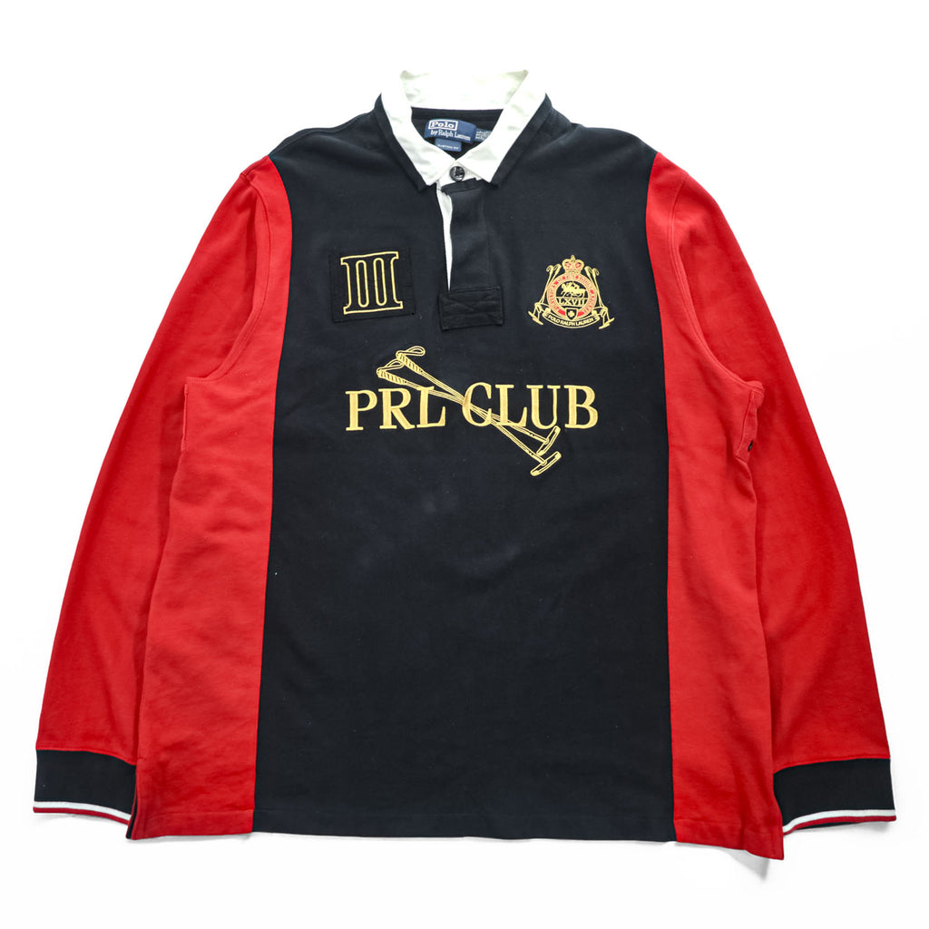 Polo Ralph Lauren 90年代 ヴィンテージ ラガーシャツ 長袖 ポロシャツ 2XL CUSTOM FIT ブラック レッド エルボーパッチ PRL CLUB ビッグサイズ
