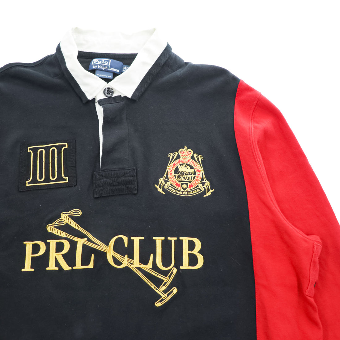 Polo Ralph Lauren 90年代 ヴィンテージ ラガーシャツ 長袖 ポロシャツ 2XL CUSTOM FIT ブラック レッド エルボーパッチ PRL CLUB ビッグサイズ