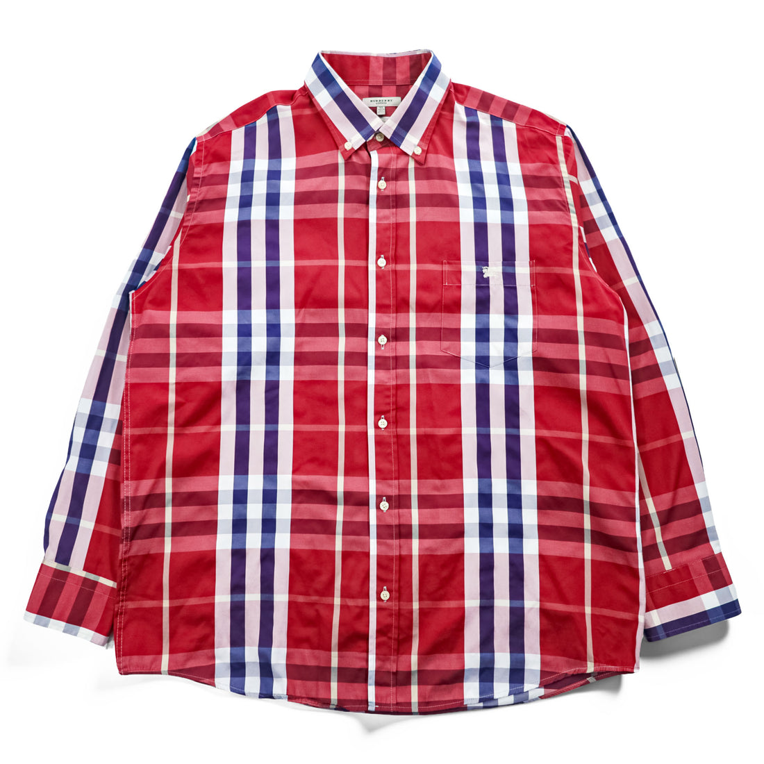 Burberry London Custom Fit long sleeve shirt red-purple large check cotton button-down pocket embroidered logo Made in Great Britain XL
