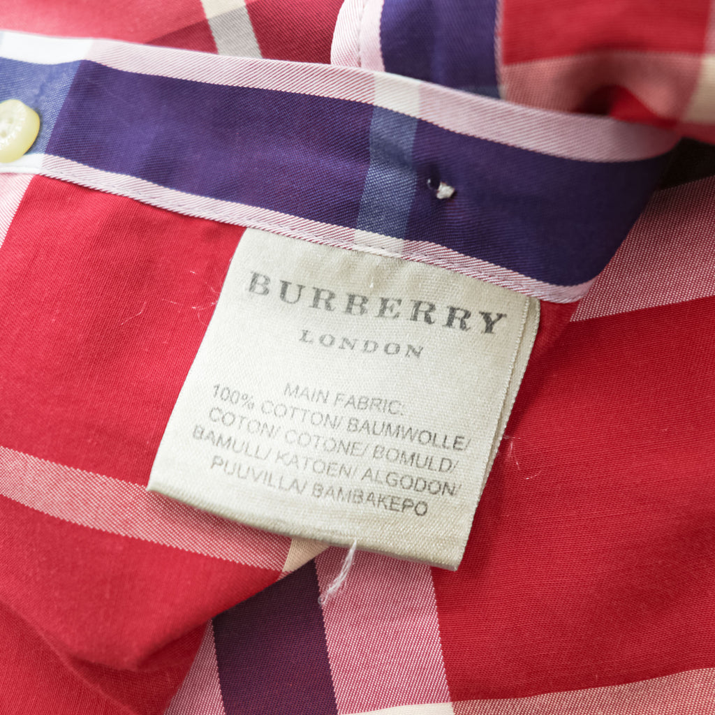 Burberry London Custom Fit long sleeve shirt red-purple large check cotton button-down pocket embroidered logo Made in Great Britain XL
