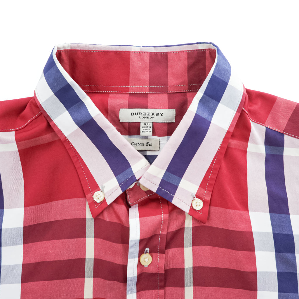 Burberry London Custom Fit long sleeve shirt red-purple large check cotton button-down pocket embroidered logo Made in Great Britain XL