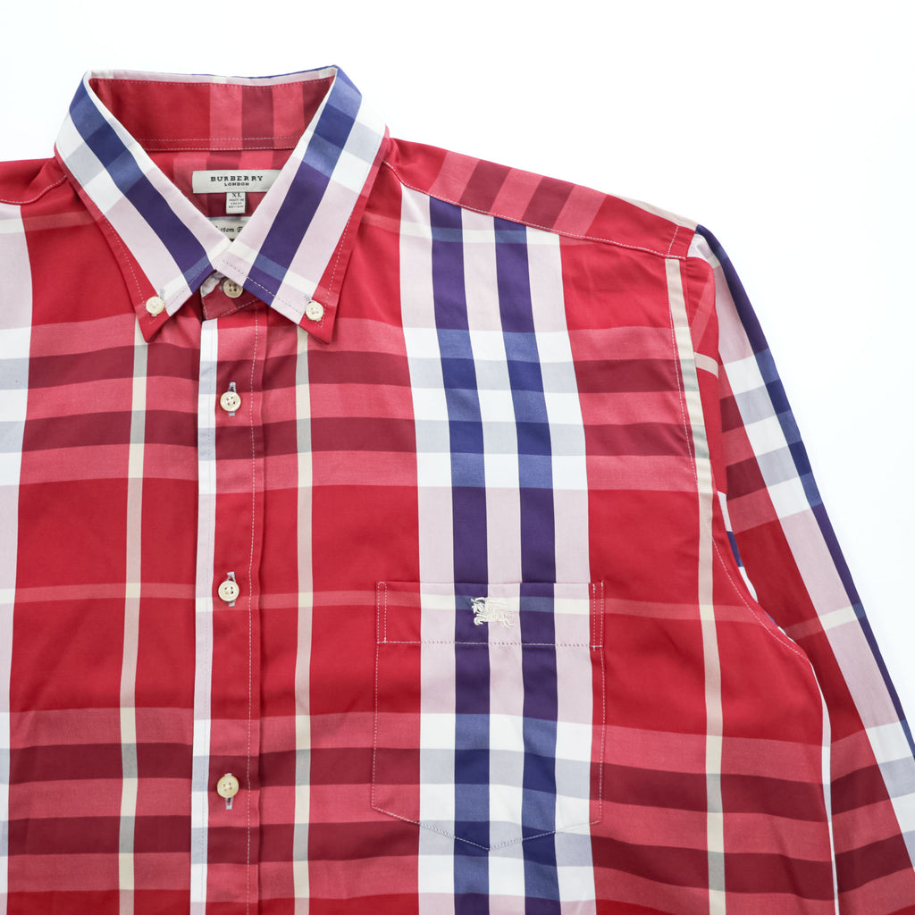Burberry London Custom Fit long sleeve shirt red-purple large check cotton button-down pocket embroidered logo Made in Great Britain XL