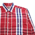 Burberry London Custom Fit long sleeve shirt red-purple large check cotton button-down pocket embroidered logo Made in Great Britain XL