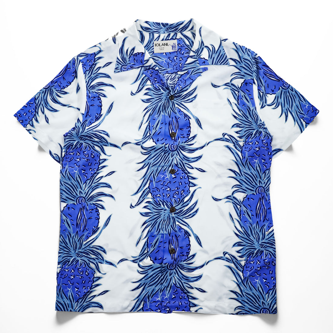 IOLANI Hawaiian Shirt White/Blue Pineapple Rayon Short Sleeve Camp Collar Made in Japan