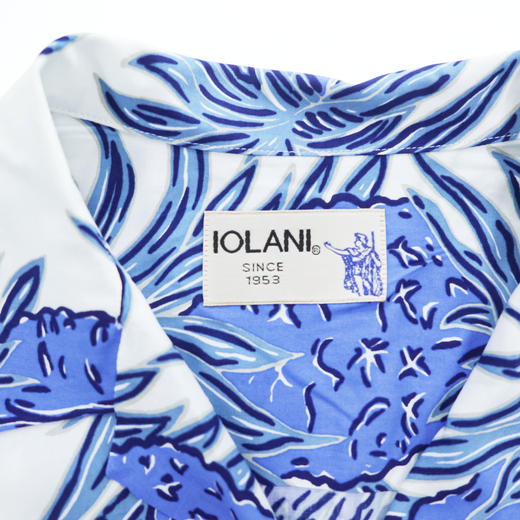 IOLANI 日本製 アロハシャツ 半袖 オープンカラーシャツ M ブルー ホワイト 総柄 パイナップル 開襟