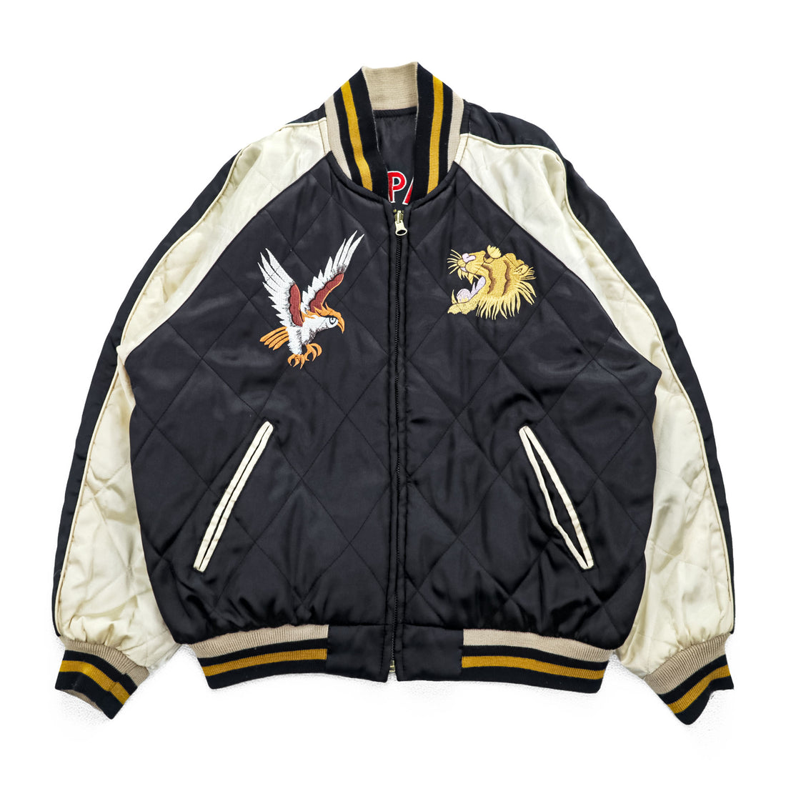 JAPAN 90s Vintage Sukajan souvenir jacket reversible-style black × ivory satin quilted embroidered (tiger, eagle, Mt. Fuji, JAPAN) size unknown