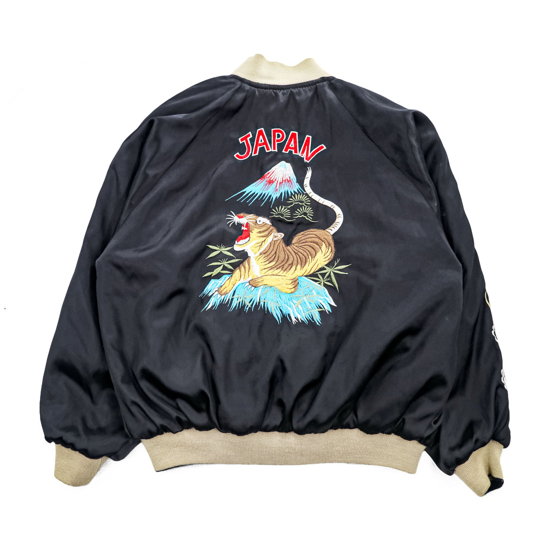 JAPAN 90s Vintage Sukajan souvenir jacket リバーシブル スカジャン L ブラック 刺繍 キルティング 虎 富士山 龍 鷲
