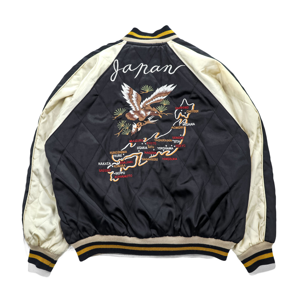 JAPAN 90s Vintage Sukajan souvenir jacket リバーシブル スカジャン L ブラック 刺繍 キルティング 虎 富士山 龍 鷲
