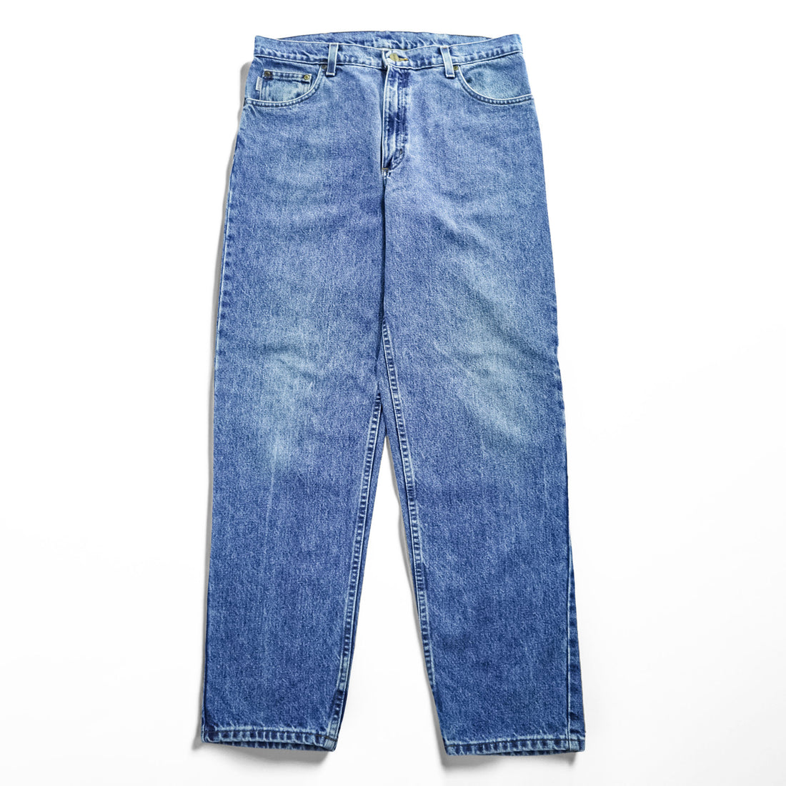 Carhartt jeans denim pants 36x32 medium blue stonewash 100% cotton straight/slightly tapered zipper fly leather patch coin pocket tag B17DST
