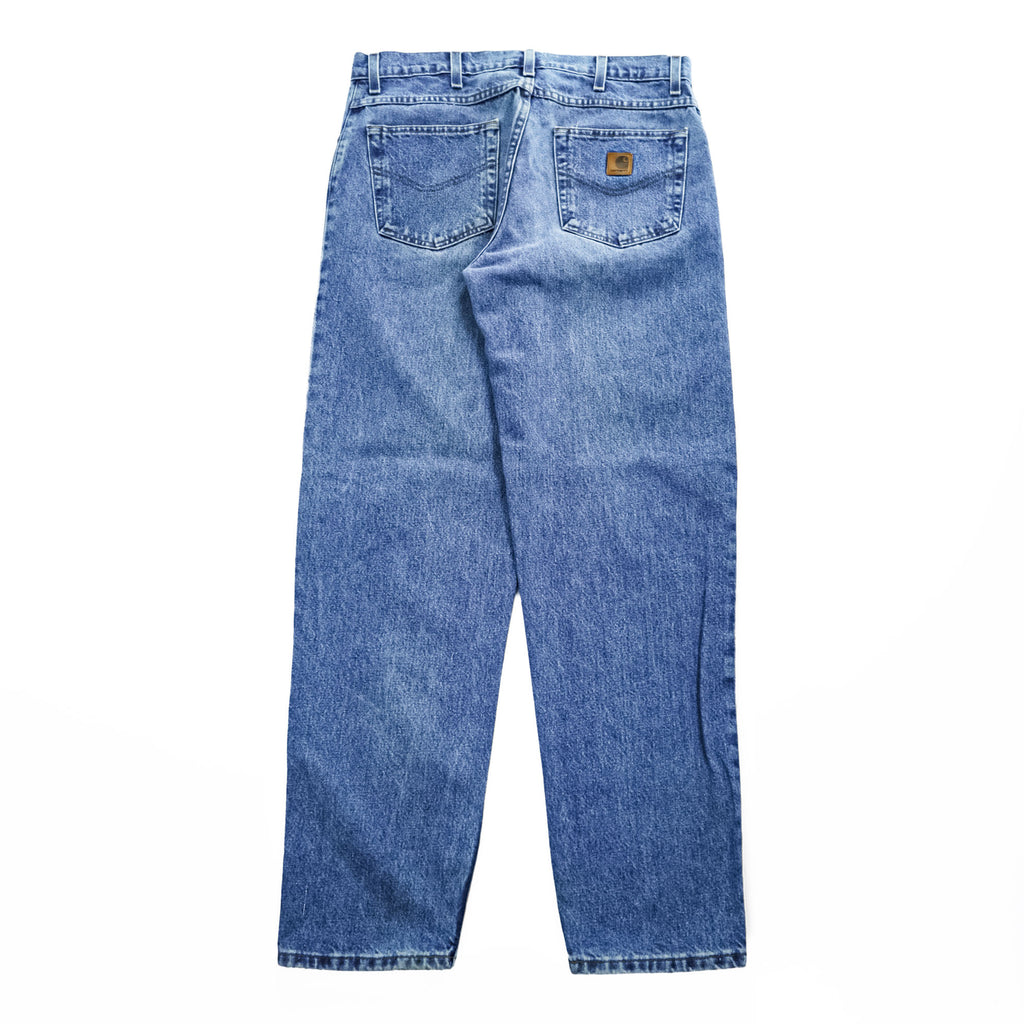 Carhartt jeans denim pants 36x32 medium blue stonewash 100% cotton straight/slightly tapered zipper fly leather patch coin pocket tag B17DST