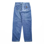 Carhartt jeans denim pants 36x32 medium blue stonewash 100% cotton straight/slightly tapered zipper fly leather patch coin pocket tag B17DST