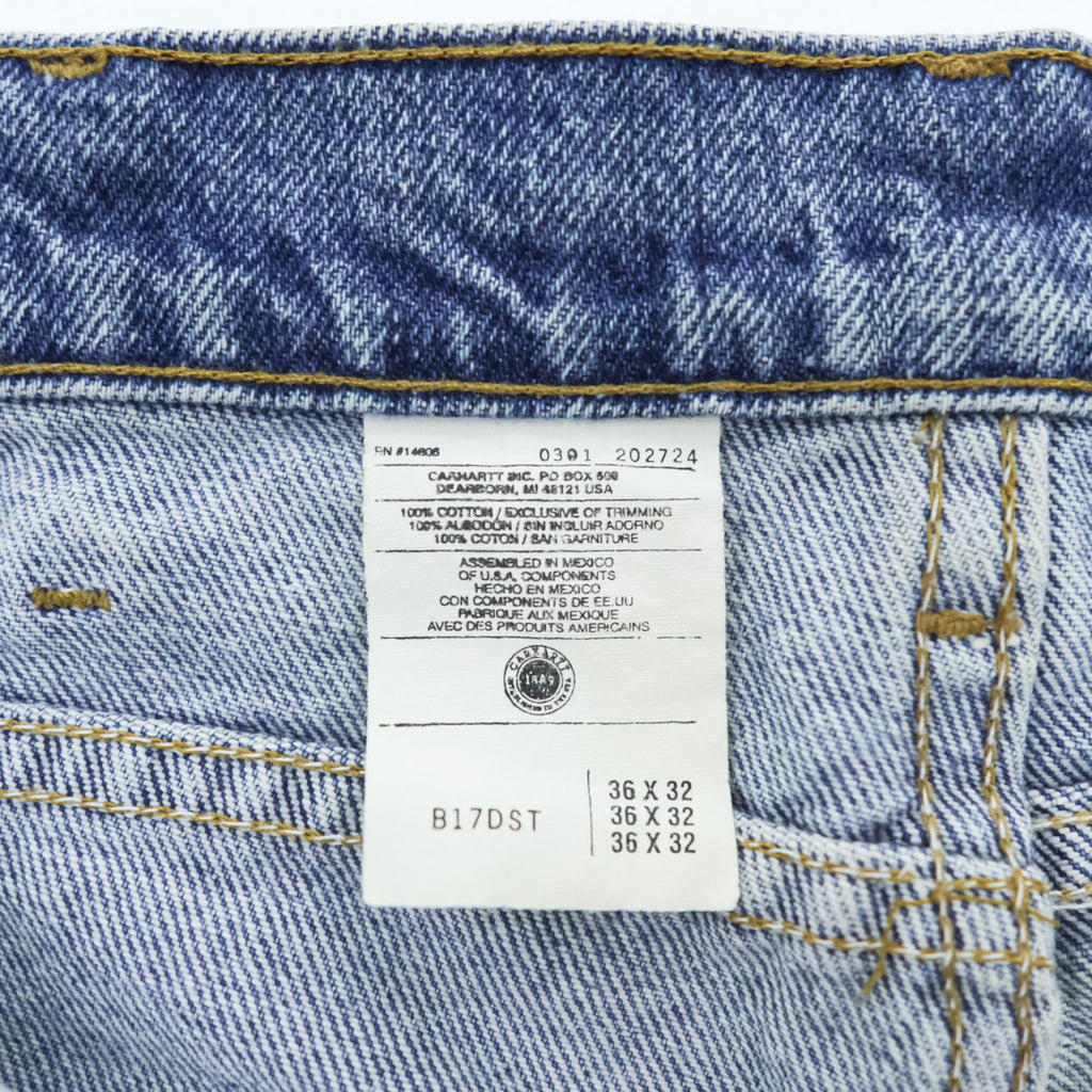Carhartt jeans denim pants 36x32 medium blue stonewash 100% cotton straight/slightly tapered zipper fly leather patch coin pocket tag B17DST