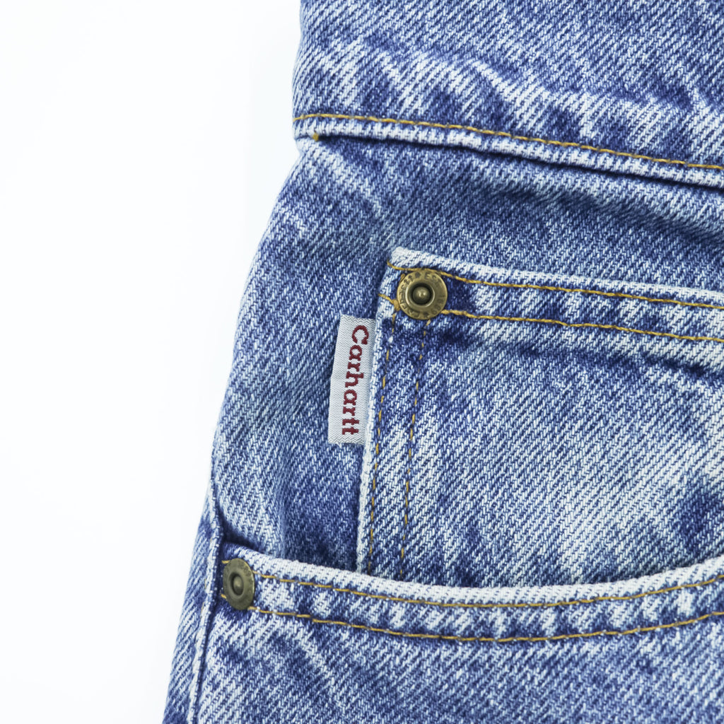 Carhartt jeans denim pants 36x32 medium blue stonewash 100% cotton straight/slightly tapered zipper fly leather patch coin pocket tag B17DST