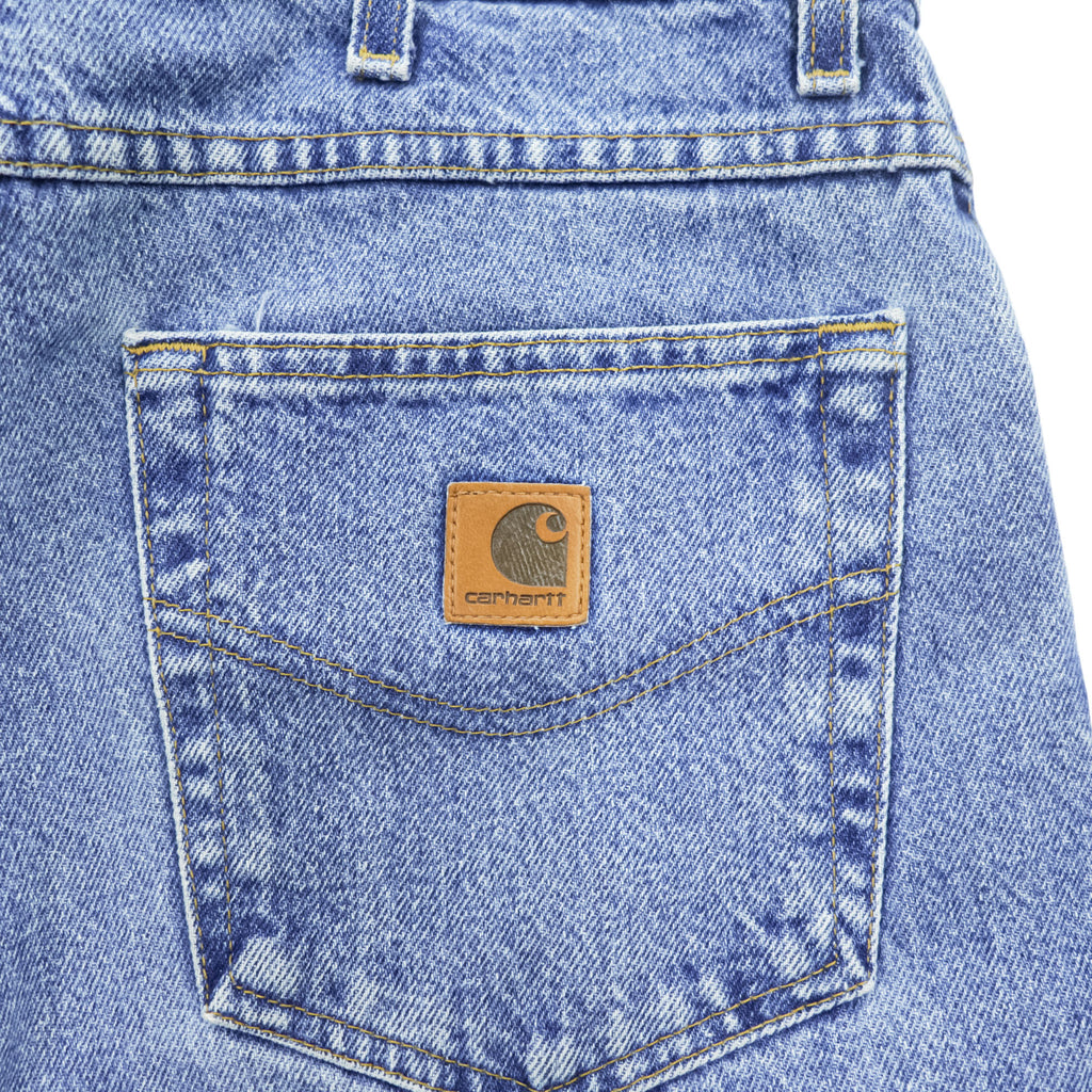 Carhartt jeans denim pants 36x32 medium blue stonewash 100% cotton straight/slightly tapered zipper fly leather patch coin pocket tag B17DST