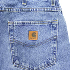 Carhartt jeans denim pants 36x32 medium blue stonewash 100% cotton straight/slightly tapered zipper fly leather patch coin pocket tag B17DST