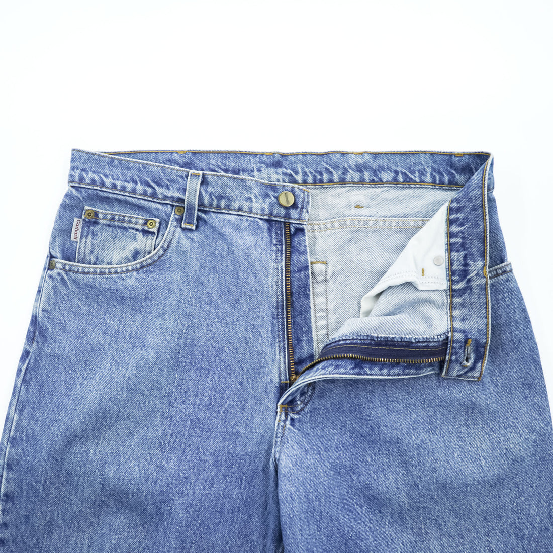 Carhartt jeans denim pants 36x32 medium blue stonewash 100% cotton straight/slightly tapered zipper fly leather patch coin pocket tag B17DST