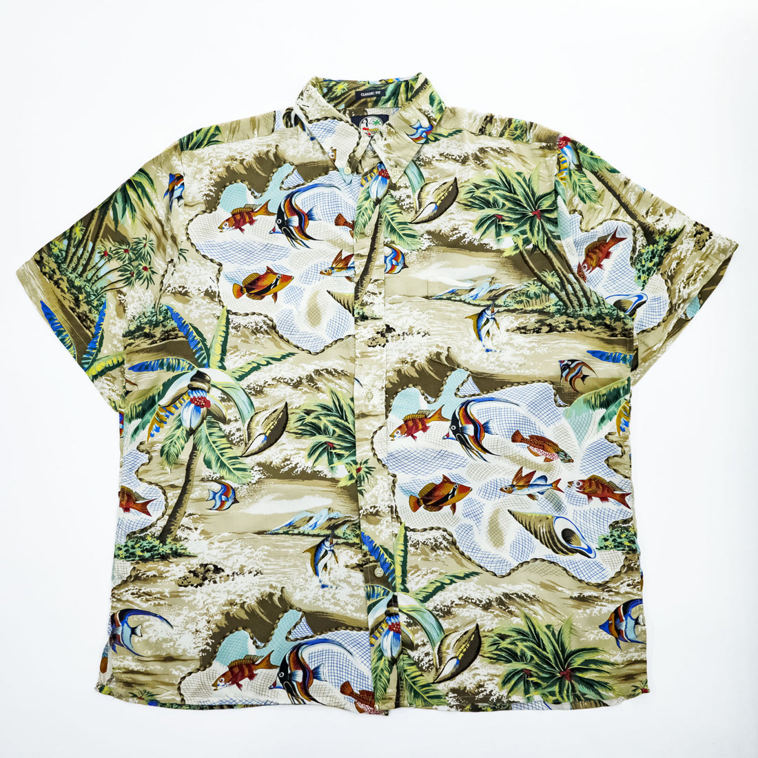 Reyn Spooner 90s Vintage CLASSIC FIT Aloha Shirt Beige All-over Fish & Palm Print 100% Rayon Short Sleeve Boxy Pocket