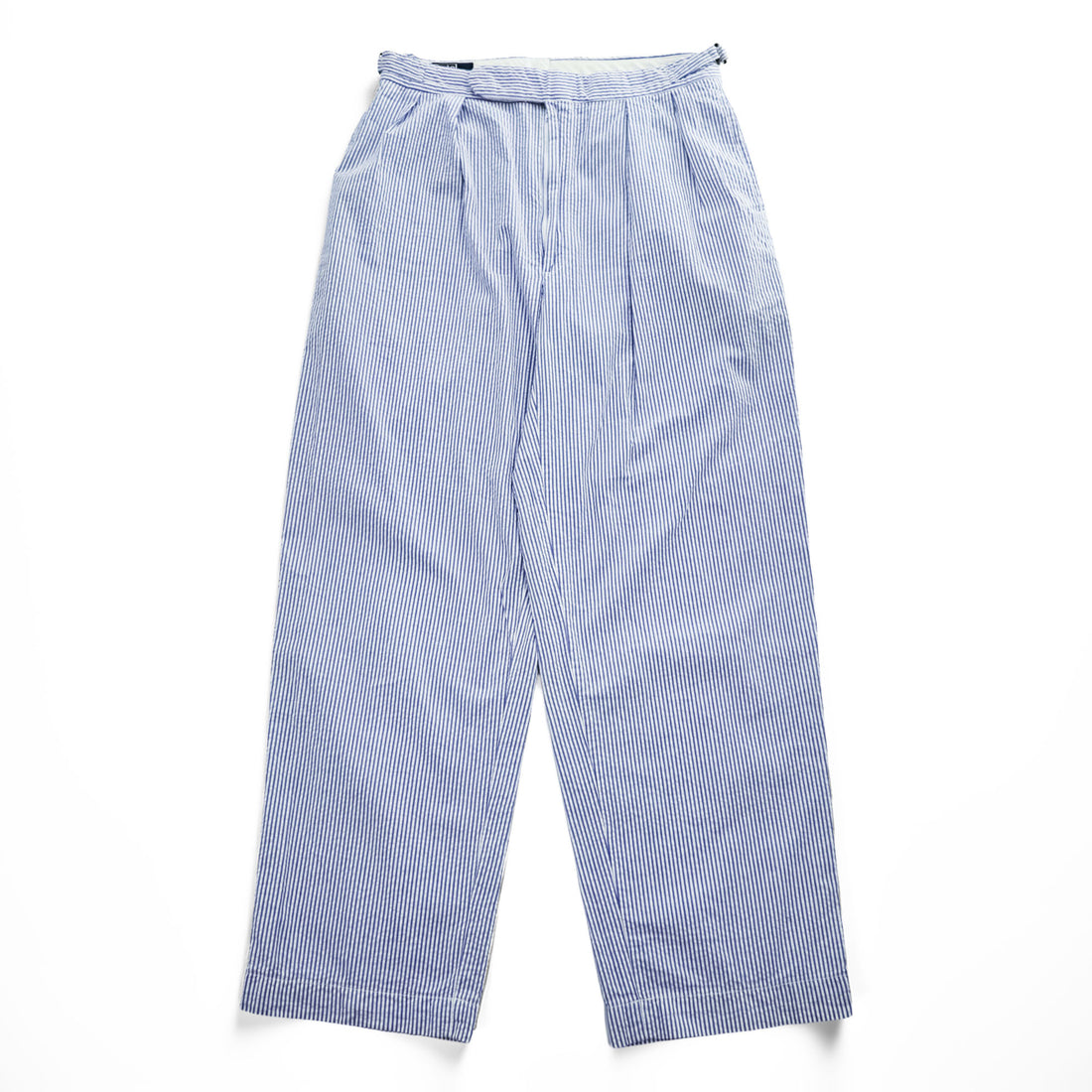 Polo by Ralph Lauren 90s Seersucker Slacks Pants pleated trousers Blue/white pinstripe 100% cotton Straight/relaxed fit Side adjuster W32 L36