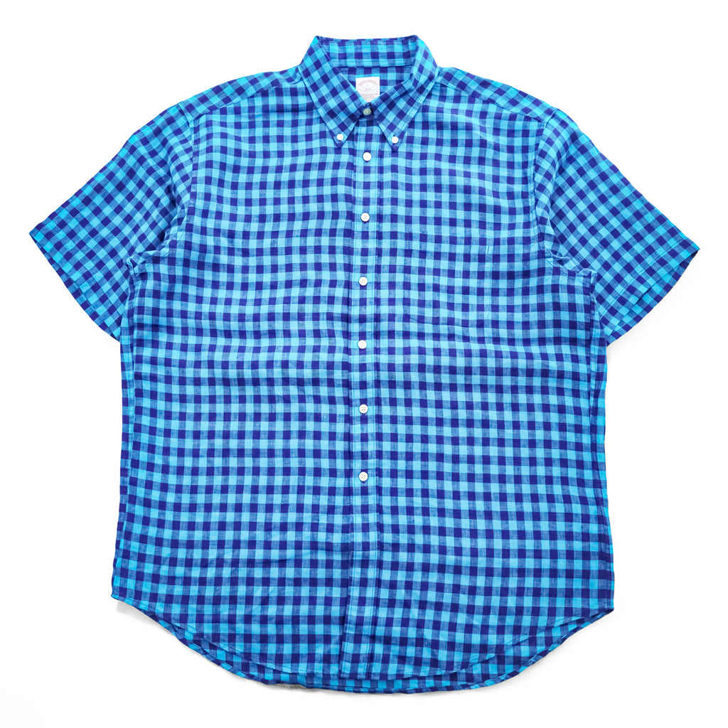 Brooks Brothers 346 半袖 リネン チェックシャツ L ブルー 麻100% ボタンダウン