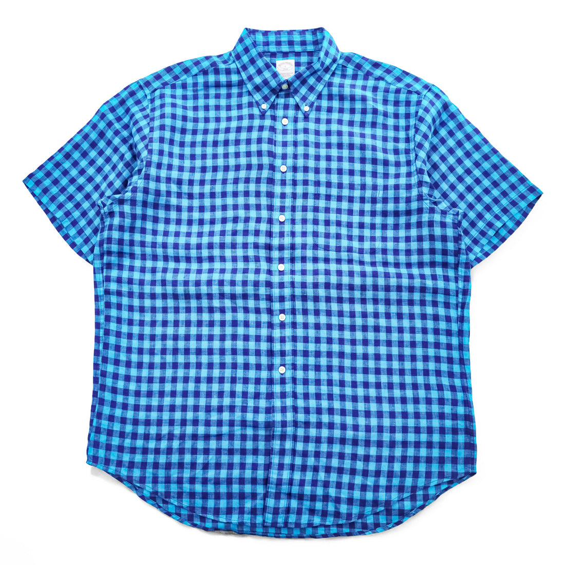Brooks Brothers 346 Short Sleeve Button-Down Shirt Blue Gingham Linen Rounded Hem Size L