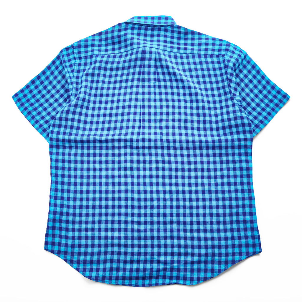 Brooks Brothers 346 半袖 リネン チェックシャツ L ブルー 麻100% ボタンダウン